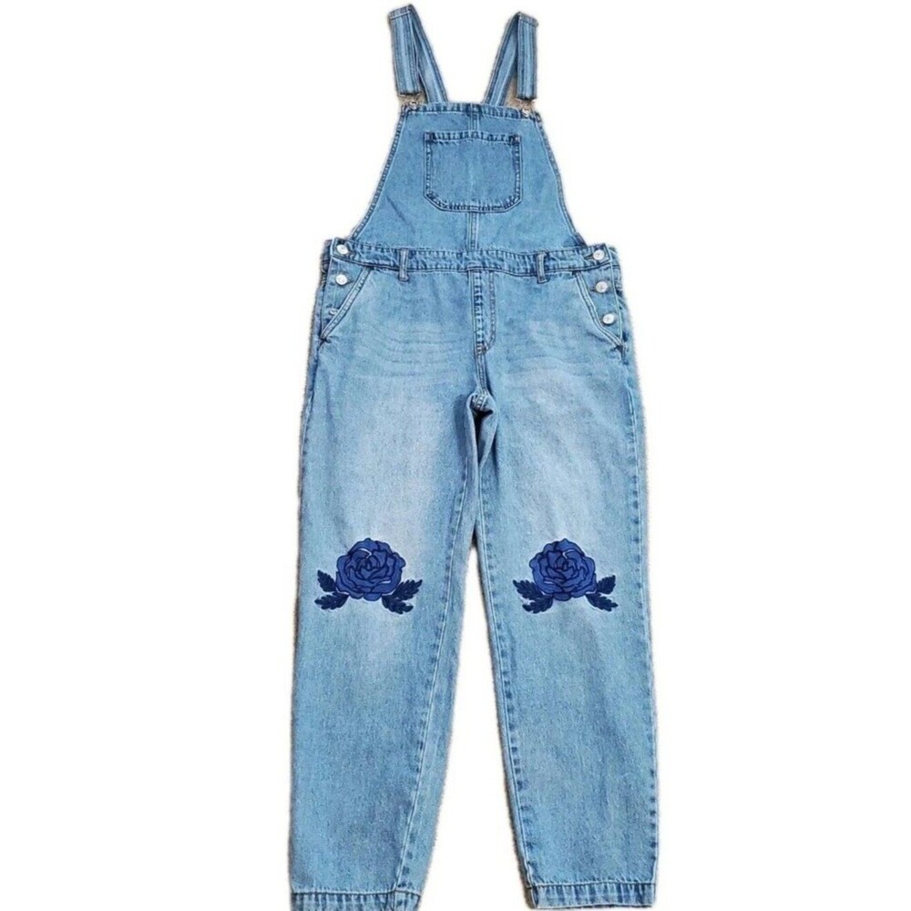 Forever 21 Size 30 Floral Embroidered Blue Denim Overalls